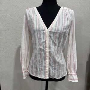 Striped V-Neck Blouse - White and Pink